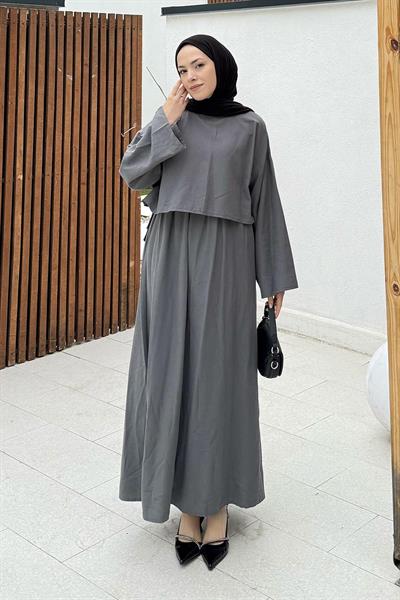 Etekli Tesettür Takım Gri