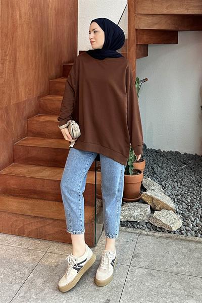 Etiket Detaylı Oversize Sweatshirt Acı Kahverengi