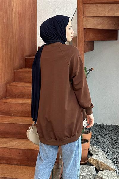 Etiket Detaylı Oversize Sweatshirt Acı Kahverengi