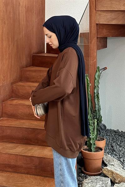 Etiket Detaylı Oversize Sweatshirt Acı Kahverengi