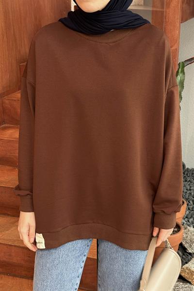 Etiket Detaylı Oversize Sweatshirt Acı Kahverengi