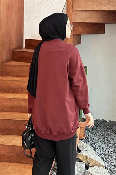 Etiket Detaylı Oversize Sweatshirt Bordo