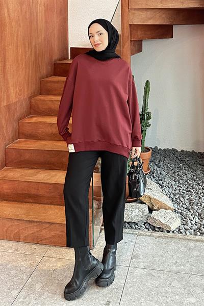 Etiket Detaylı Oversize Sweatshirt Bordo