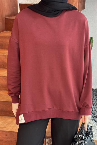 Etiket Detaylı Oversize Sweatshirt Bordo
