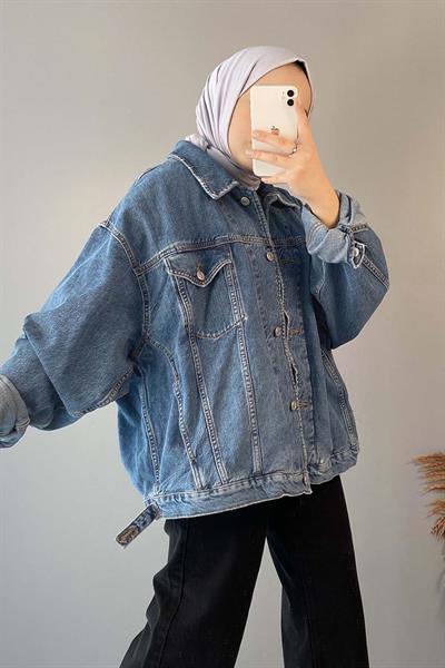 Çift Cepli Oversize Ceket Açık Mavi