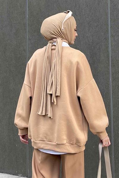 Jasmin Bisiklet Yaka Oversize Sweat Sütlü Kahve