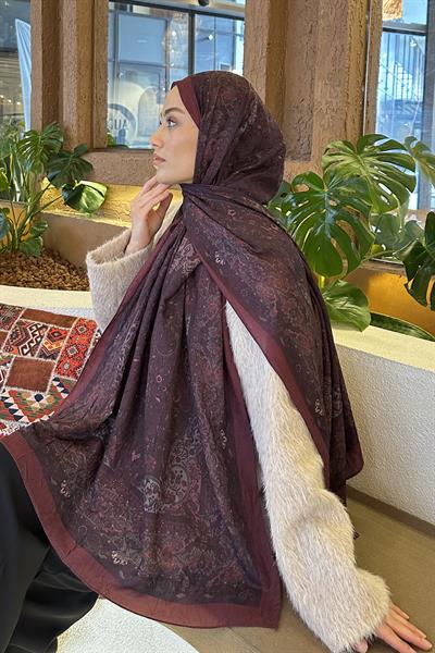 Retro Desen Bambu Şal Koyu Bordo