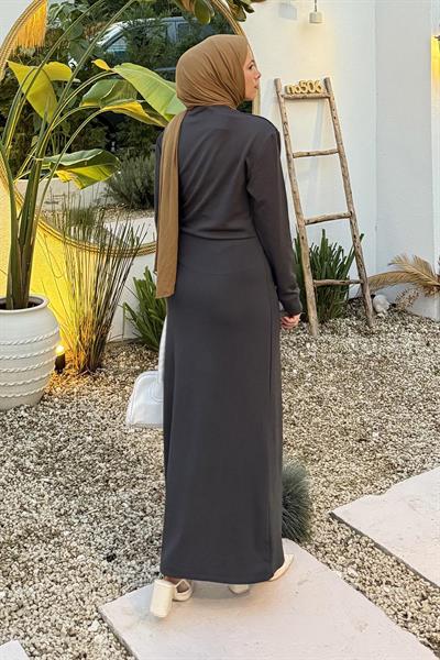 Büzgülü Tesettür Elbise Antrasit