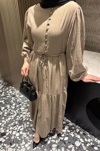 Biritli Tesettür Elbise Bej