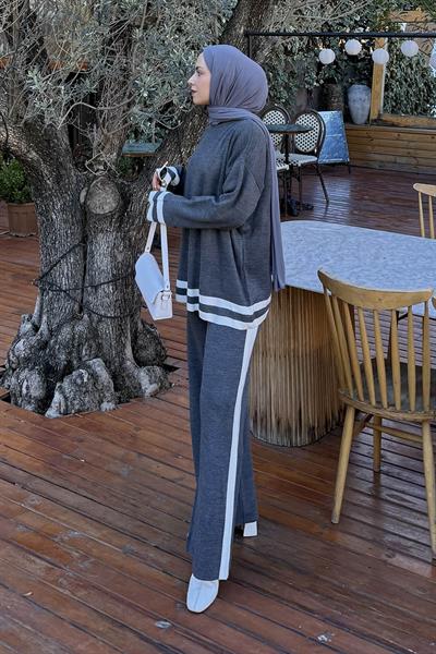 Çizgili Pantolon Triko Tesettür Takım Antrasit