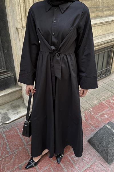 Ön Bağlama Detaylı Tesettür Elbise Siyah