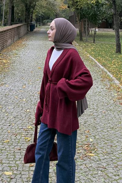 Bağlama Detaylı Triko Hırka Bordo
