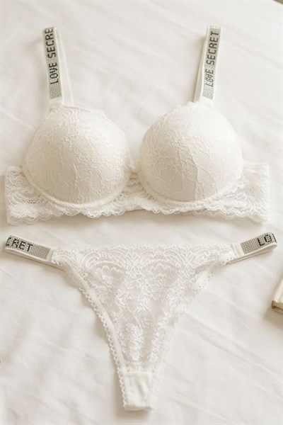 Dantel Taşlı Destekli Sütyen Takımı Beyaz
