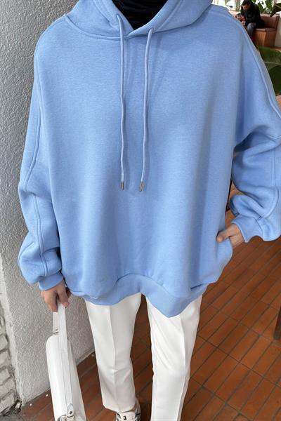 Kapüşonlu Oversize Yan Cepli Sweat Bebe Mavisi