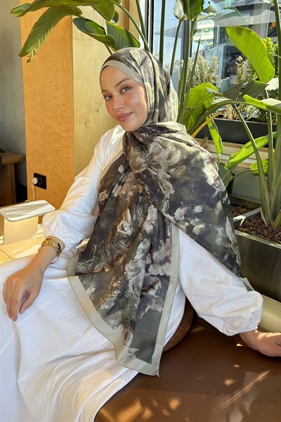Gül Çiçek Desen Lara Soft Şal Haki