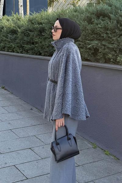 Düğmeli Kemerli Panço Gri