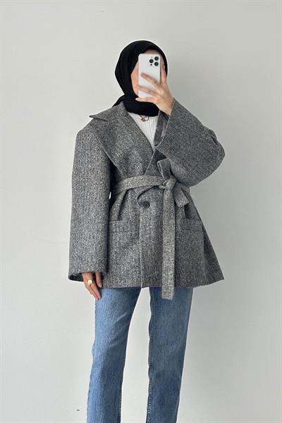 Balıksırtı Desen Kaşe Kaban Gri