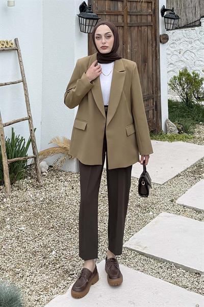 Çizgili Astarlı Tesettür Ceket Haki