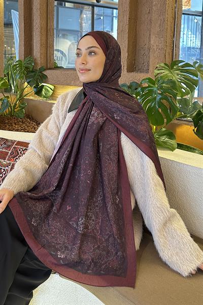 Retro Desen Bambu Şal Koyu Bordo