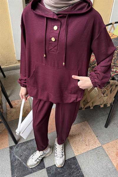 Kapüşonlu İkili Takım Bordo