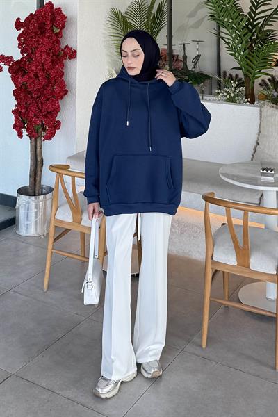 Üç İplik Kanguru Cep Sweatshirt İndigo