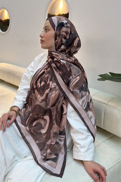 Çiçek Desen Pamuk Şal Kahverengi