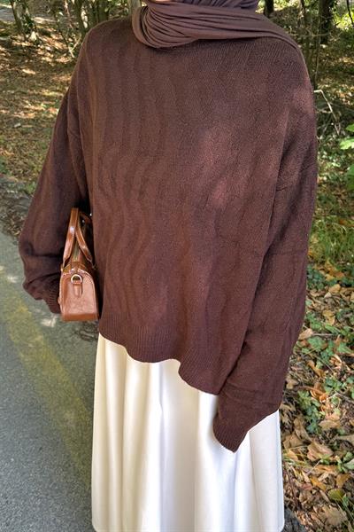 Kendinden Desenli Triko Kazak Kahverengi