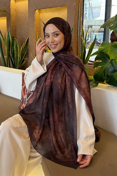 Gül Çiçek Desen Ferah Şal Koyu Kahve