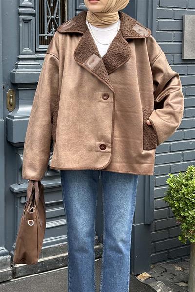 Süet Düğmeli Mont Acı Kahverengi