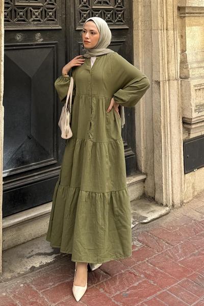 Ön Yarım Düğme Detaylı Müslin Kumaş Tesettür Elbise Haki