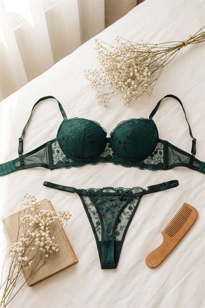 Destekli Brode Sütyen Takımı Zümrüt Yeşili