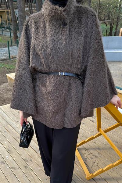 Düğmeli Kemerli Panço Acı Kahverengi