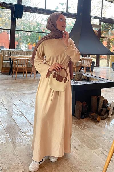 Bel Tünel Detaylı Elbise Bej