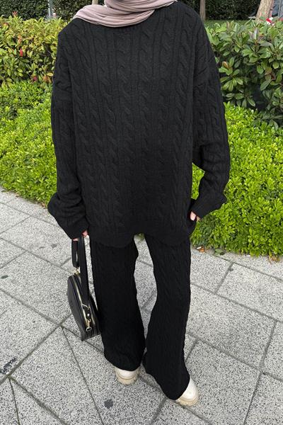 Örgülü Şardonlu Takım Siyah