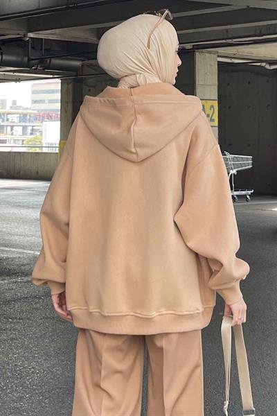 Kapüşonlu Oversize Yan Cepli Sweat Sütlü Kahve