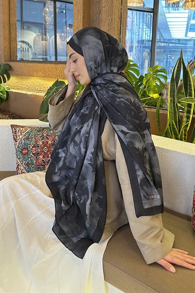 Gül Desen Bambu Şal Siyah