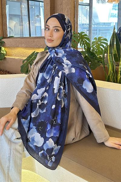 Batik Çiçek Desen Bambu Şal Lacivert