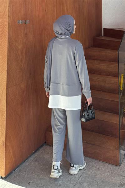 Fermuarlı Garnili Takım Gri