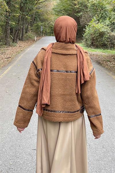 Kürklü Biker Mont Kahverengi