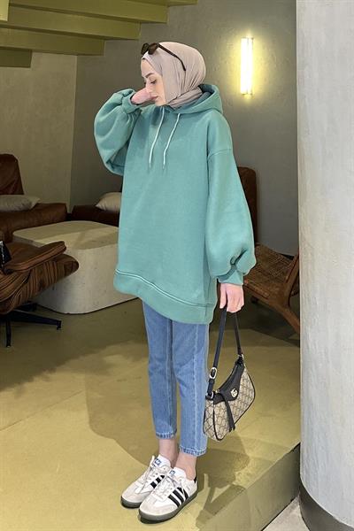 Üç İplik Balon Kol Sweatshirt Mint Yeşili