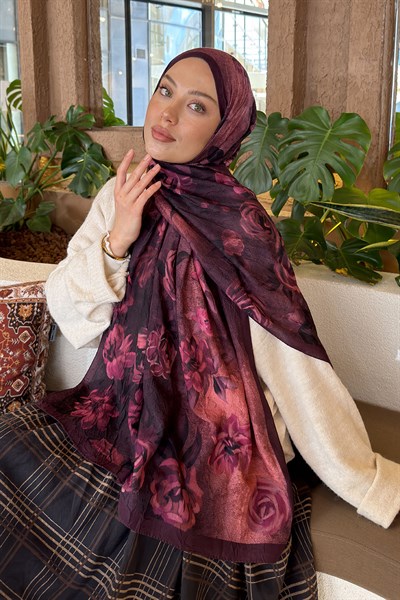 Çiçek Desen Bambu Şal Vişne