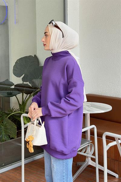 Üç İplikli Yarım Balıkçı Yakalı Basic Tunik Mor