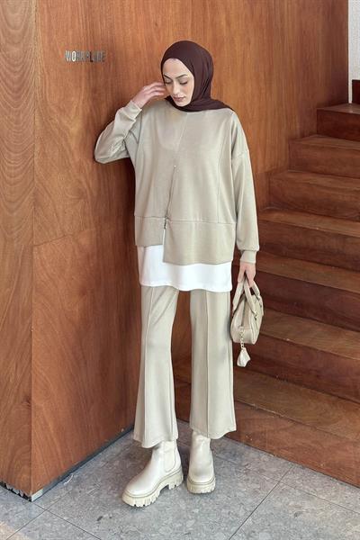 Fermuarlı Garnili Takım Bej