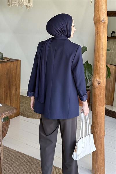 Çizgili Astarlı Tesettür Ceket Lacivert