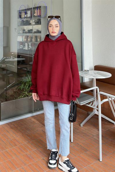 Kapüşonlu Salaş Sweatshirt Bordo