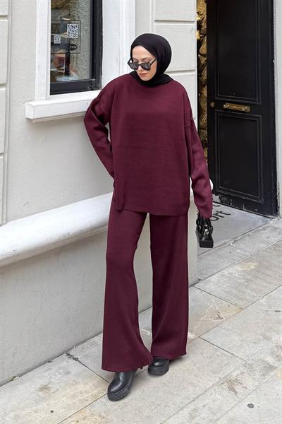 Düz İkili Triko Tesettür Takım Bordo