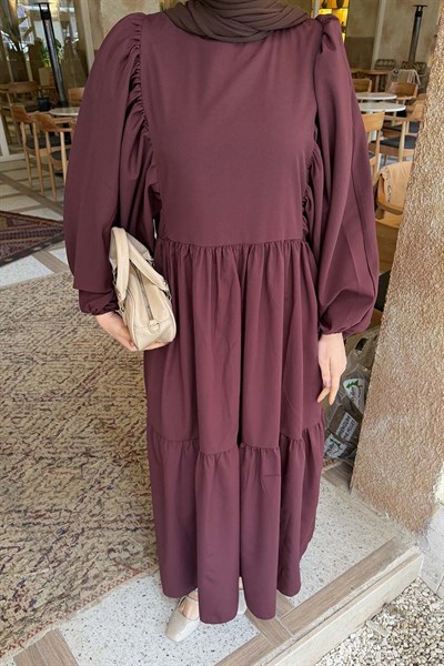 Balon Kol Katlı Yazlık Elbise Mürdüm