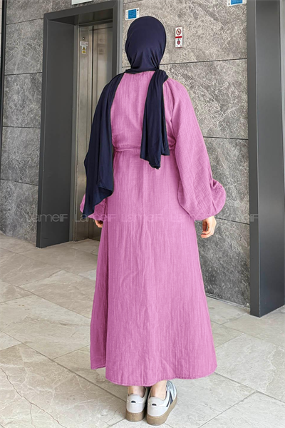 Balon Kol Bağlamalı Tesettür Elbise Pembe