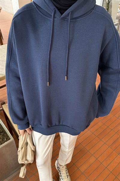 Kapüşonlu Oversize Yan Cepli Sweat İndigo