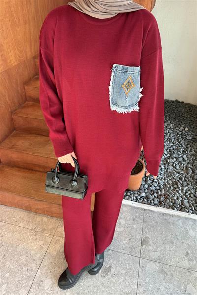 Cep Detaylı Triko Takım Bordo